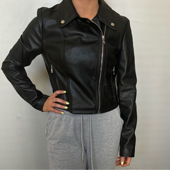 Express vegan leather cropped Moto jacket, black, US S - Picture 1 of 13
